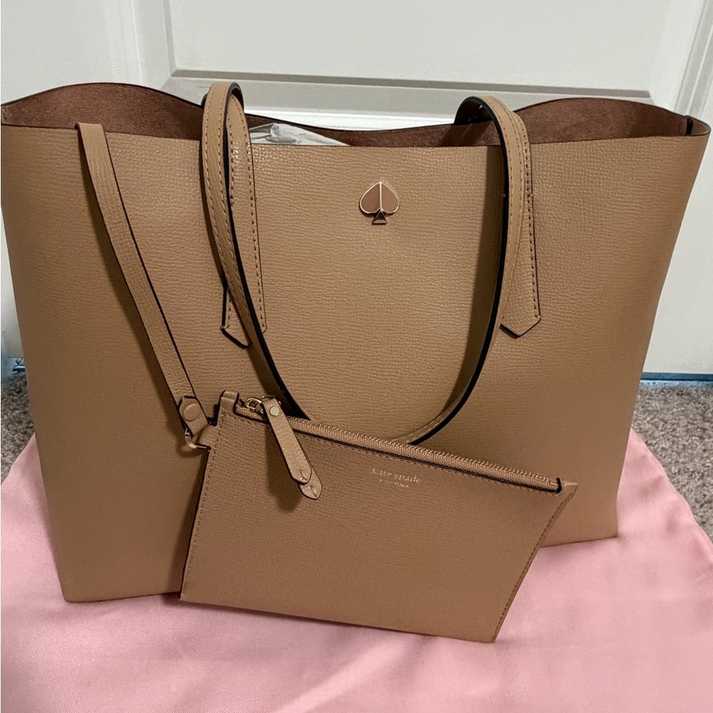 kate spade Cognac Tan Leather Tote with Spade Logo - Picture 2 of 3